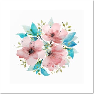 Watercolor Pink and Turquoise Botanical Arrangement 2 Posters and Art